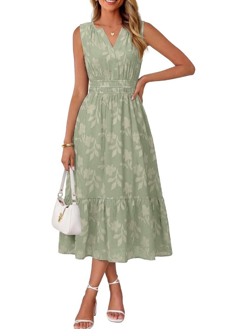 Women's Sage Green Sleeveless V Neck A LINE Floral Casual Imported Maxi Dress